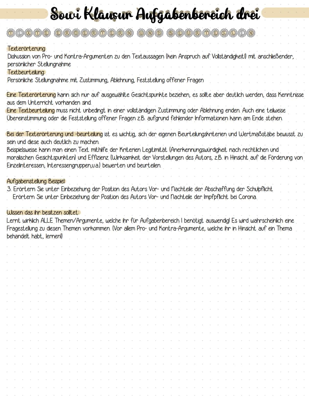 # Sowi Klausur Aufgabenbereich drei
00000 000000000 000 0000000000
Texterörterung
Diskussion von Pro- und Kontra-Argumenten zu den Textau