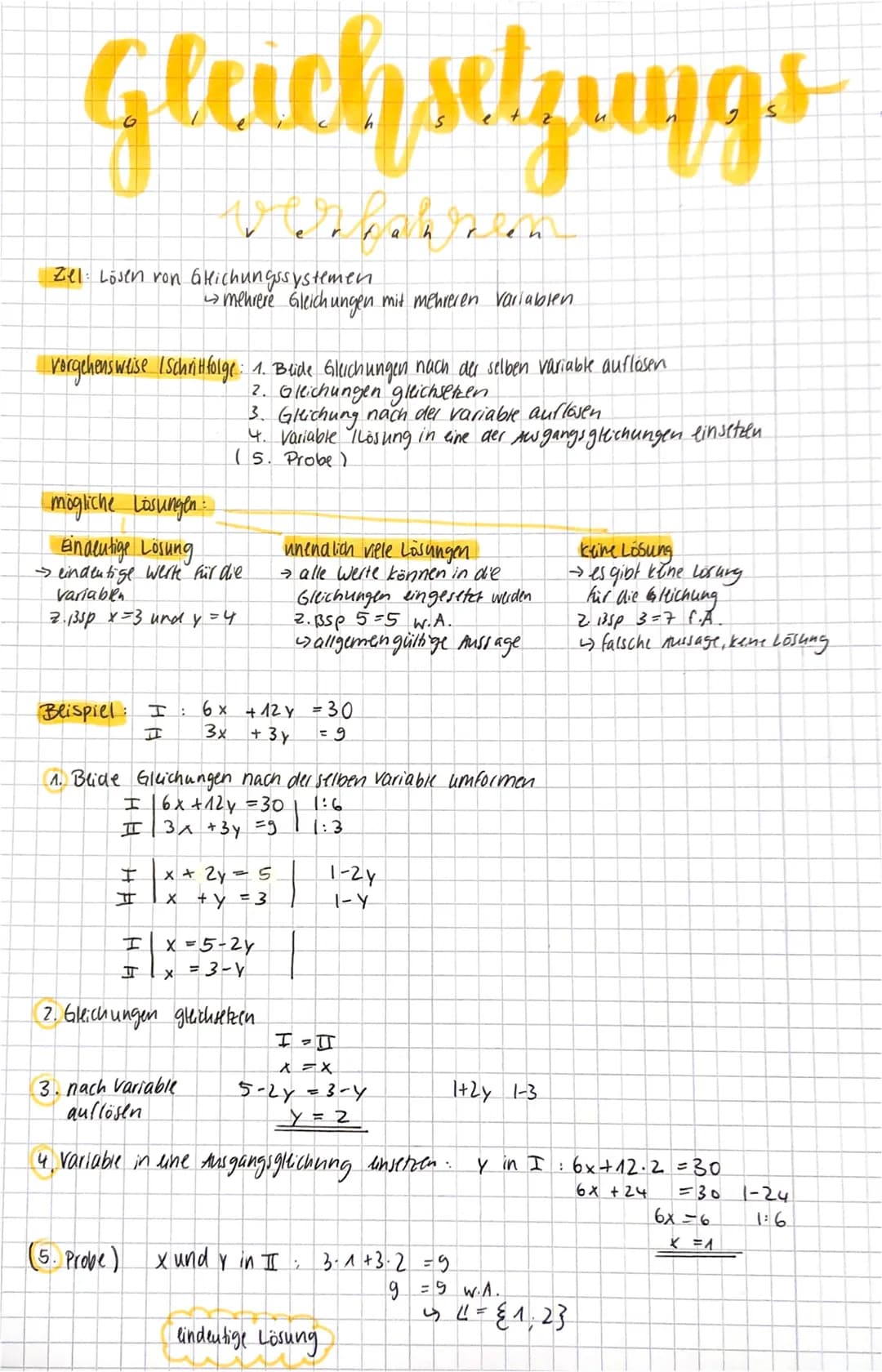 # Gleichsetzungs
Verpakren
zel Lösen ron alichungssystemen.
- mehrere Gleich ungen mit mehreren Variablen
vorgehensweise Ischritfolge: 1.