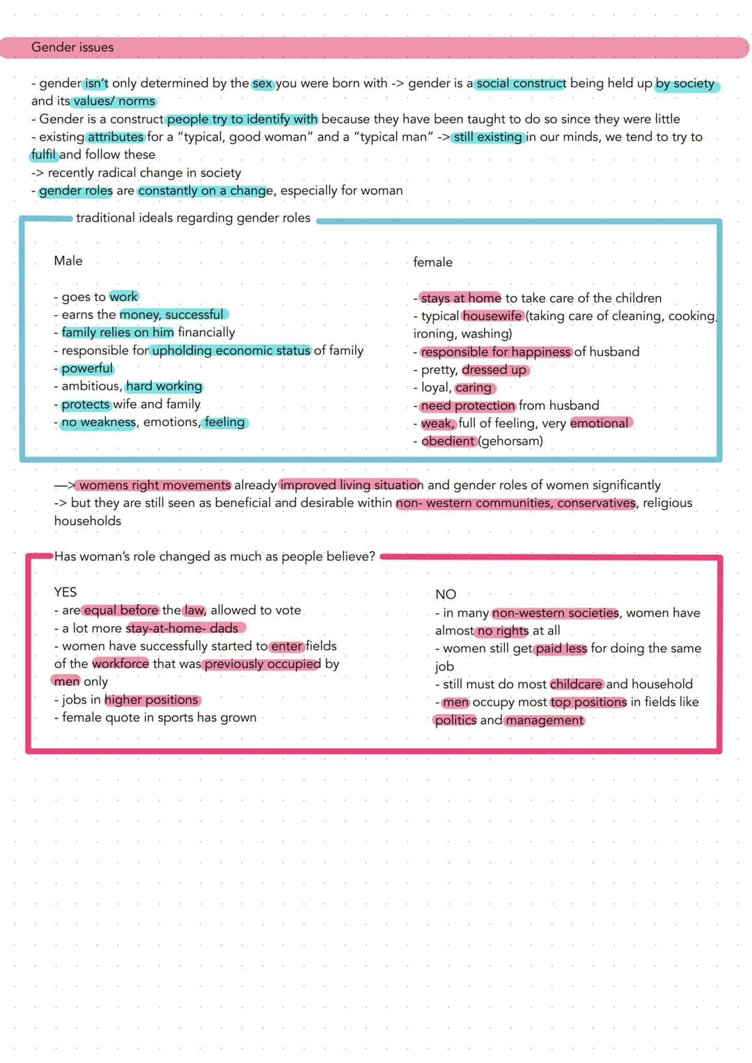 Gender issues
- gender isn't only determined by the sex you were born with -> gender is a social construct being held up by society
and its