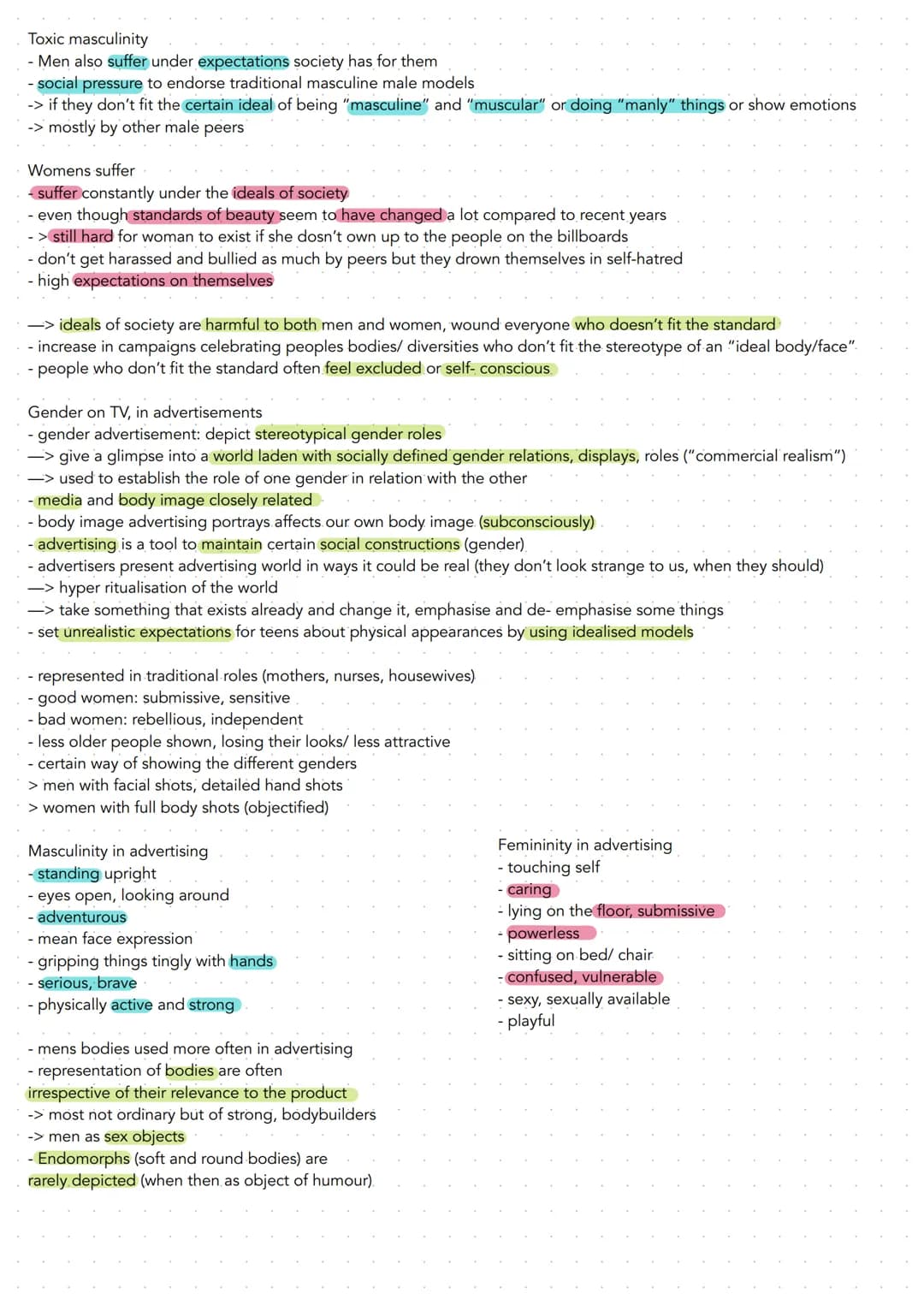 Gender issues
- gender isn't only determined by the sex you were born with -> gender is a social construct being held up by society
and its