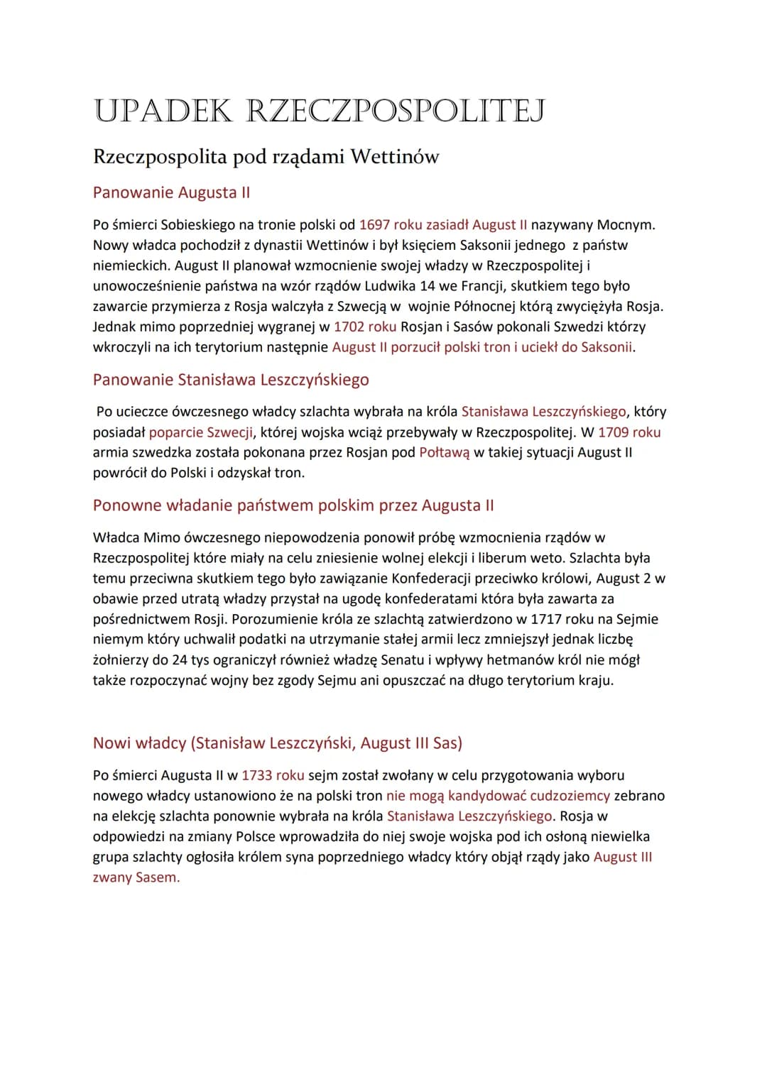 # UPADEK RZECZPOSPOLITEJ
Rzeczpospolita pod rządami Wettinów
Panowanie Augusta II
Po śmierci Sobieskiego na tronie polski od 1697 roku za