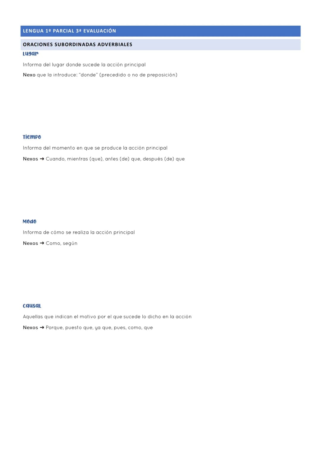 # LENGUA 1º PARCIAL 3ª EVALUACIÓN
# ORACIONES SUBORDINADAS ADVERBIALES
## Lugar
Informa del lugar donde sucede la acción principal
Nexo