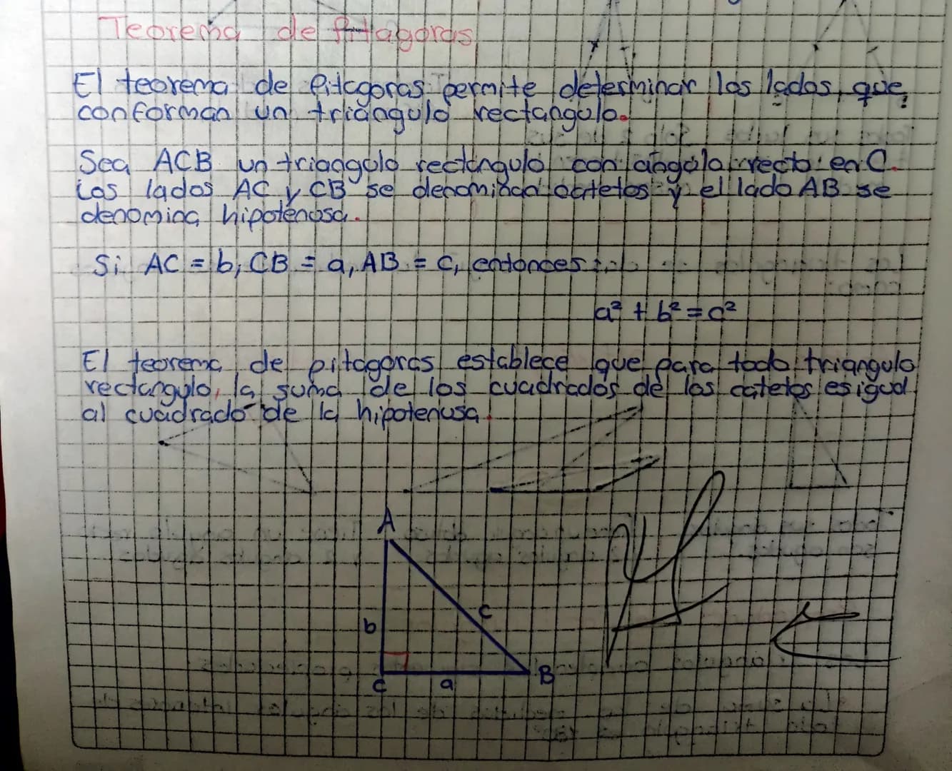 # Neorema de Pitagoras
El teorema de Pitagoras permite determinar los lados, que
conforman un triangulo rectangulo.
Sea ACB un triangulo r