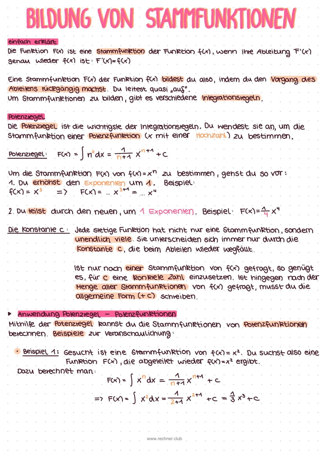 # BILDUNG VON STAMMFUNKTIONEN
einfach erklärt
Die Funktion F(x) ist eine Stammfunktion der Funktion f(x), wenn ihre Ableitung F'(x)
genau w