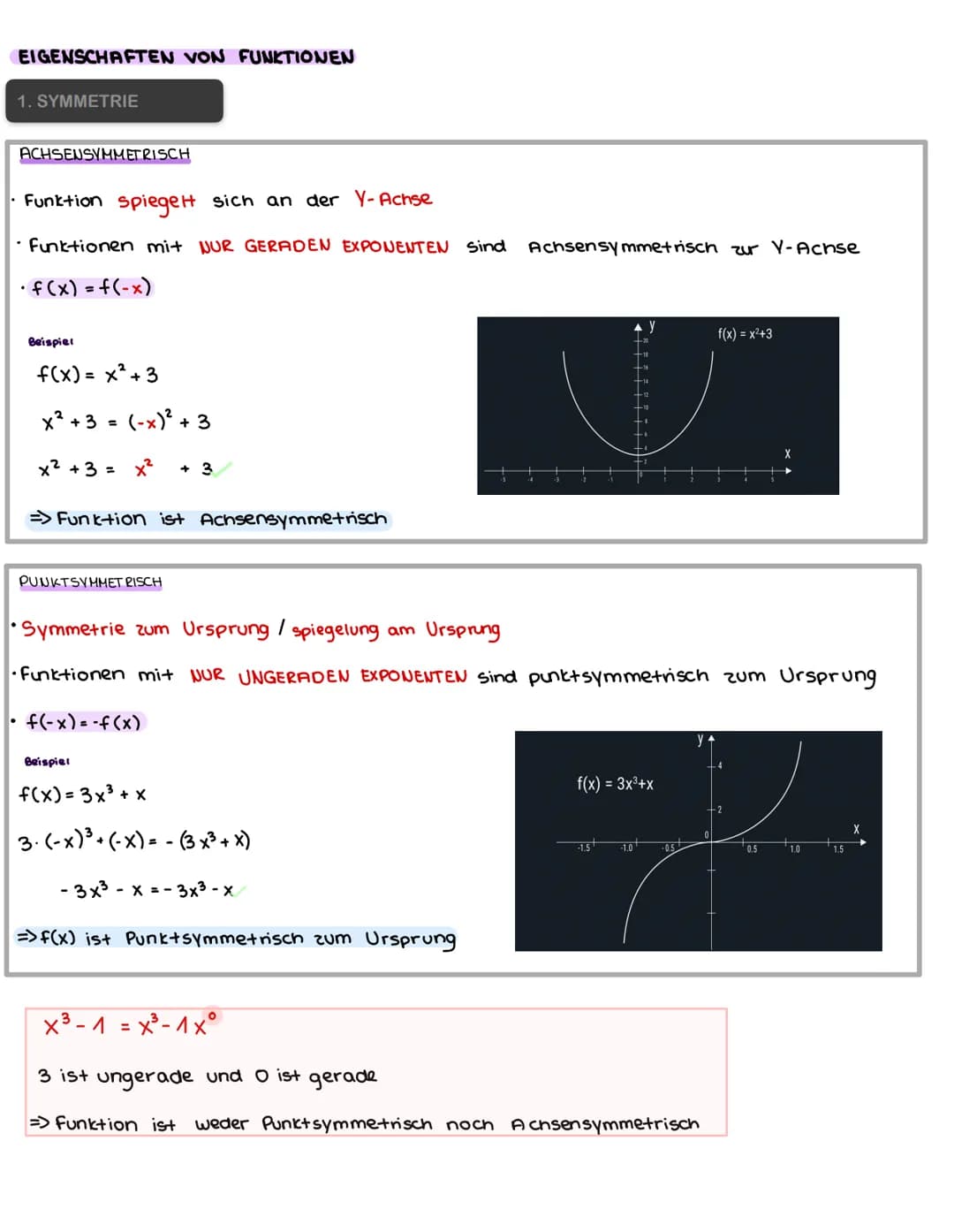 # EIGENSCHAFTEN VON FUNKTIONEN
1. SYMMETRIE
ACHSENSYMMETRISCH
* Funktion spiegelt sich an der V-Achse
* Funktionen mit NUR GERADEN E
