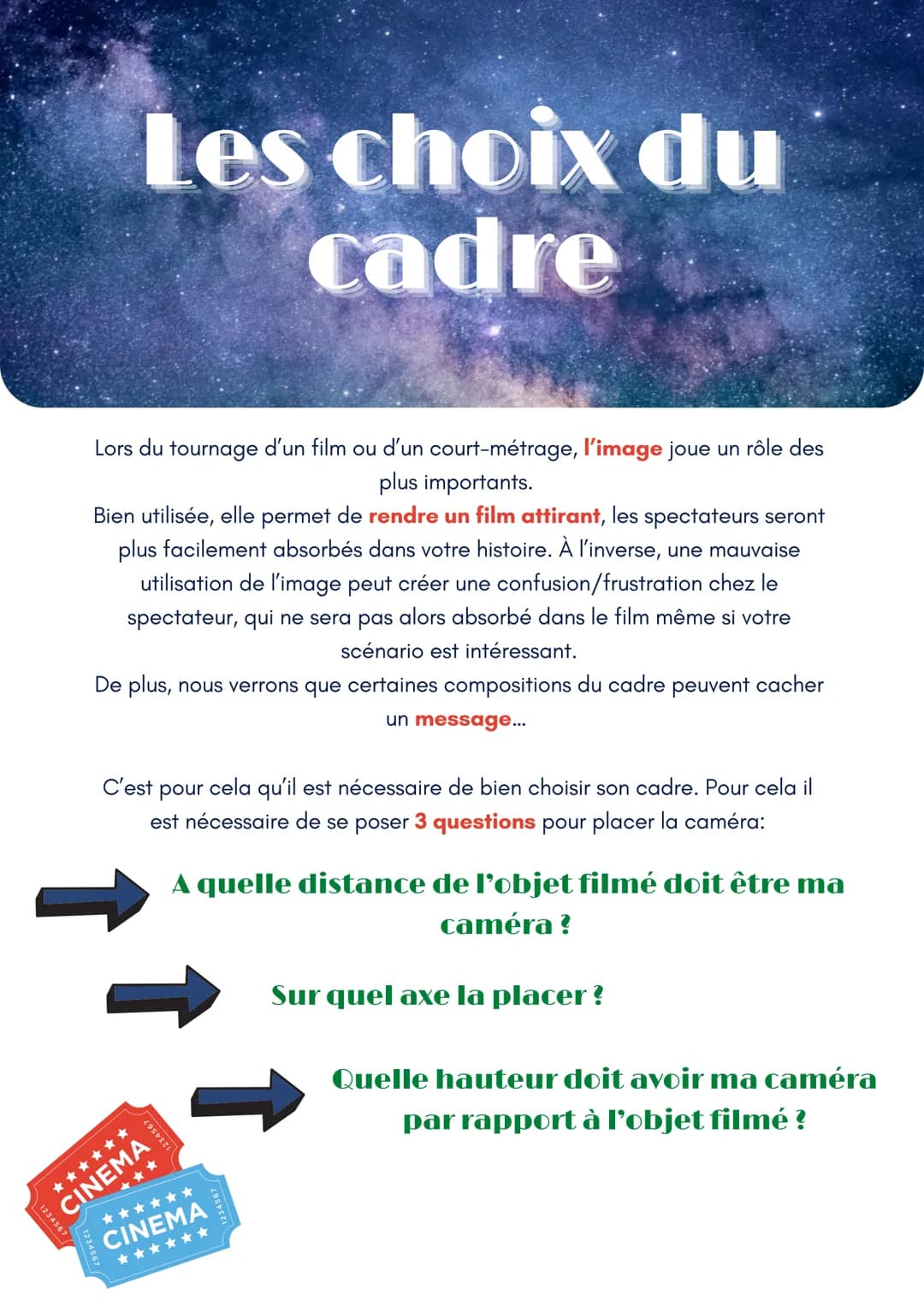 # Les choix du
cadre
Lors du tournage d'un film ou d'un court-métrage, l'image joue un rôle des
plus importants.
Bien utilisée, elle permet