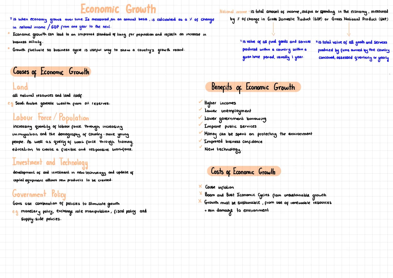 # Economic Growth
= is when economy grows over time. Is measured, on an annual basis, is calculated as a % of change
in national income / G