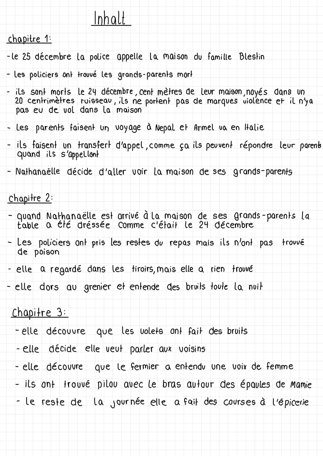 # Inhalt
chapitre 1:
- le 25 décembre la police appelle la maison du famille Blestin
- Les policiers ont trouvé les grands-parents mort