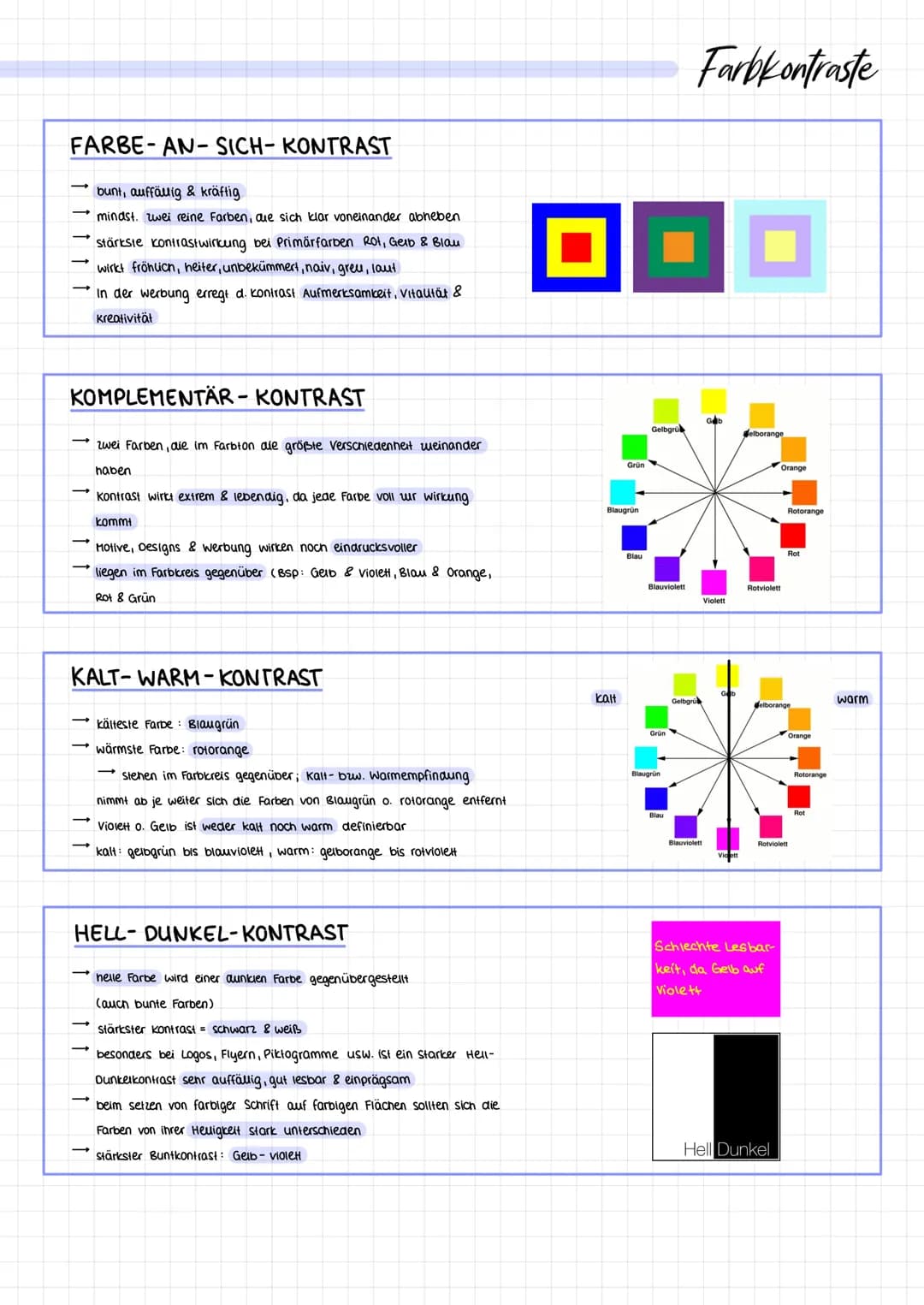 Farbkontraste
FARBE-ANSICH-KONTRAST
- bunt, auffällig & kräftig
- mindst. zwei reine Farben, die sich klar voneinander abheben.
- stärksie
