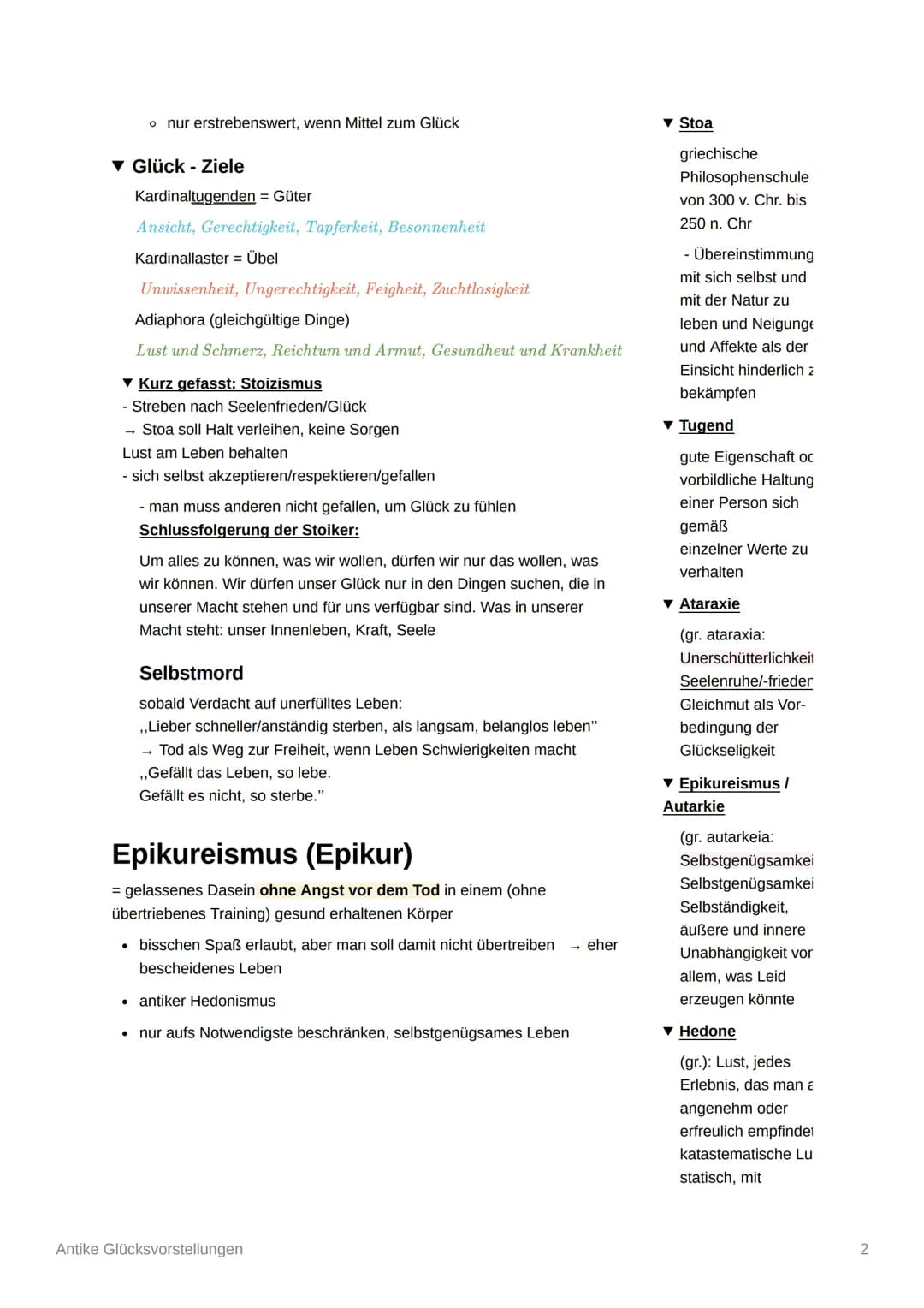 # Antike Glücksvorstellungen
* suchen nach glücklichem Leben
▼ Stoa/Stoizismus
Vermeidung von
Schmerzen
* Zenon
▼ Epikureismus
Mäßigu