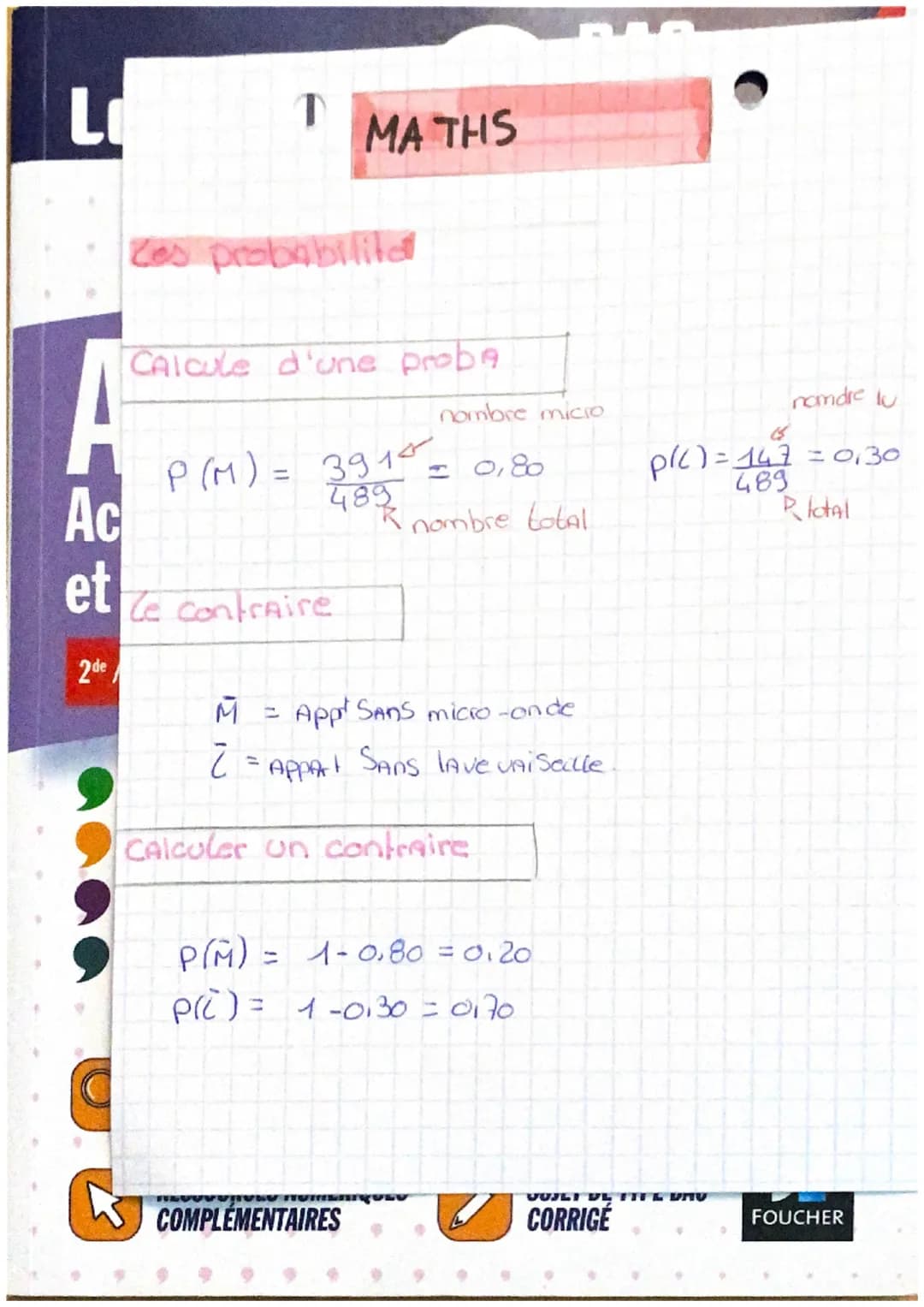 L
T MATHS
A
Ac
Ces probabilite
Calcule d'une proba
nombre micio
$P(M) = \frac{391}{482} = 0,80$
et ce contraire
2de
$
\overline{M} =