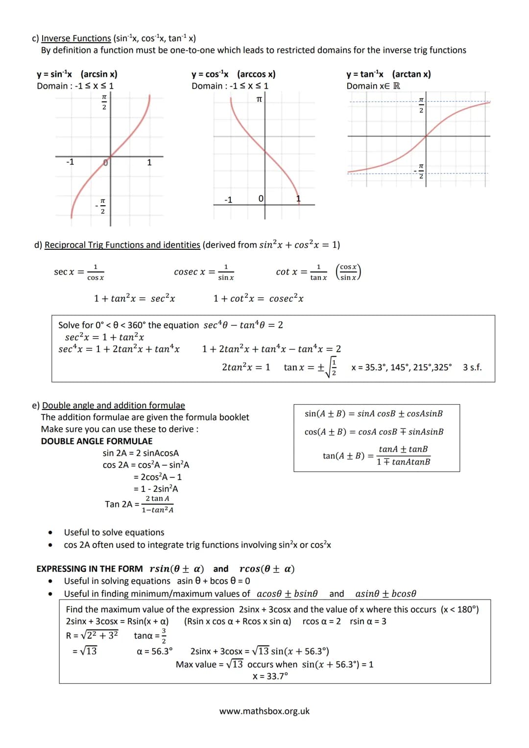 # A LEVEL PURE MATHS REVISON NOTES
1 ALGEBRA AND FUNCTIONS
a) INDICES
Rules to learn:
$x^a$ x $x^b$ = $x^{a+b}$
$x^a \div x^b = x^{a-b}$
$(