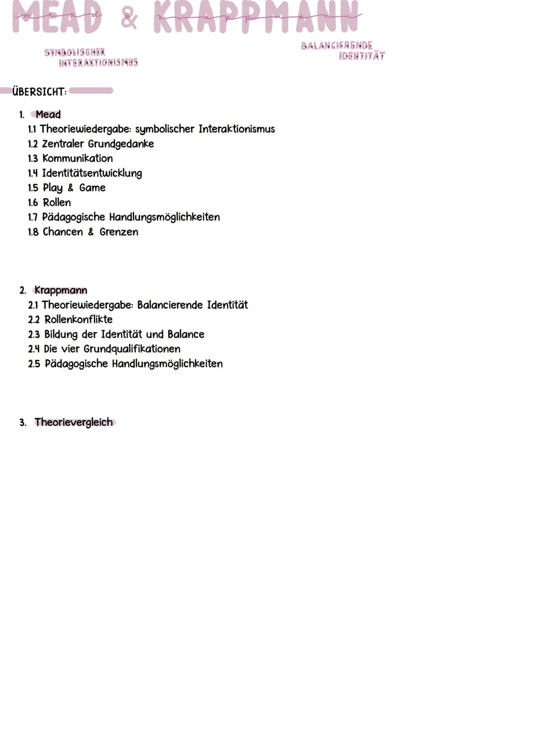 MEAD & KRAPPMANN
SYMBOLISCHER
INTERAKTIONISIMUS
ÜBERSICHT:
1. Mead
1.1 Theoriewiedergabe: symbolischer Interaktionismus
1.2 Zentraler Gru