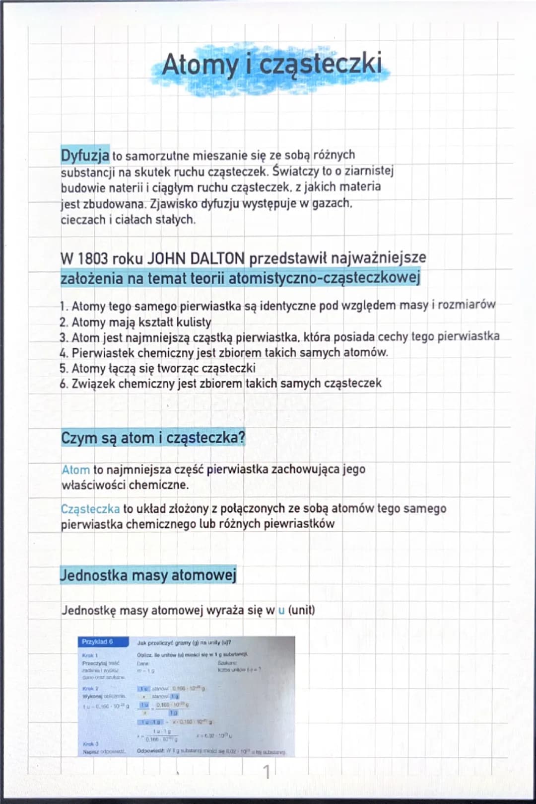# Atomy i cząsteczki
Dyfuzja to samorzutne mieszanie się ze sobą różnych
substancji na skutek ruchu cząsteczek. Światczy to o ziarnistej
bu