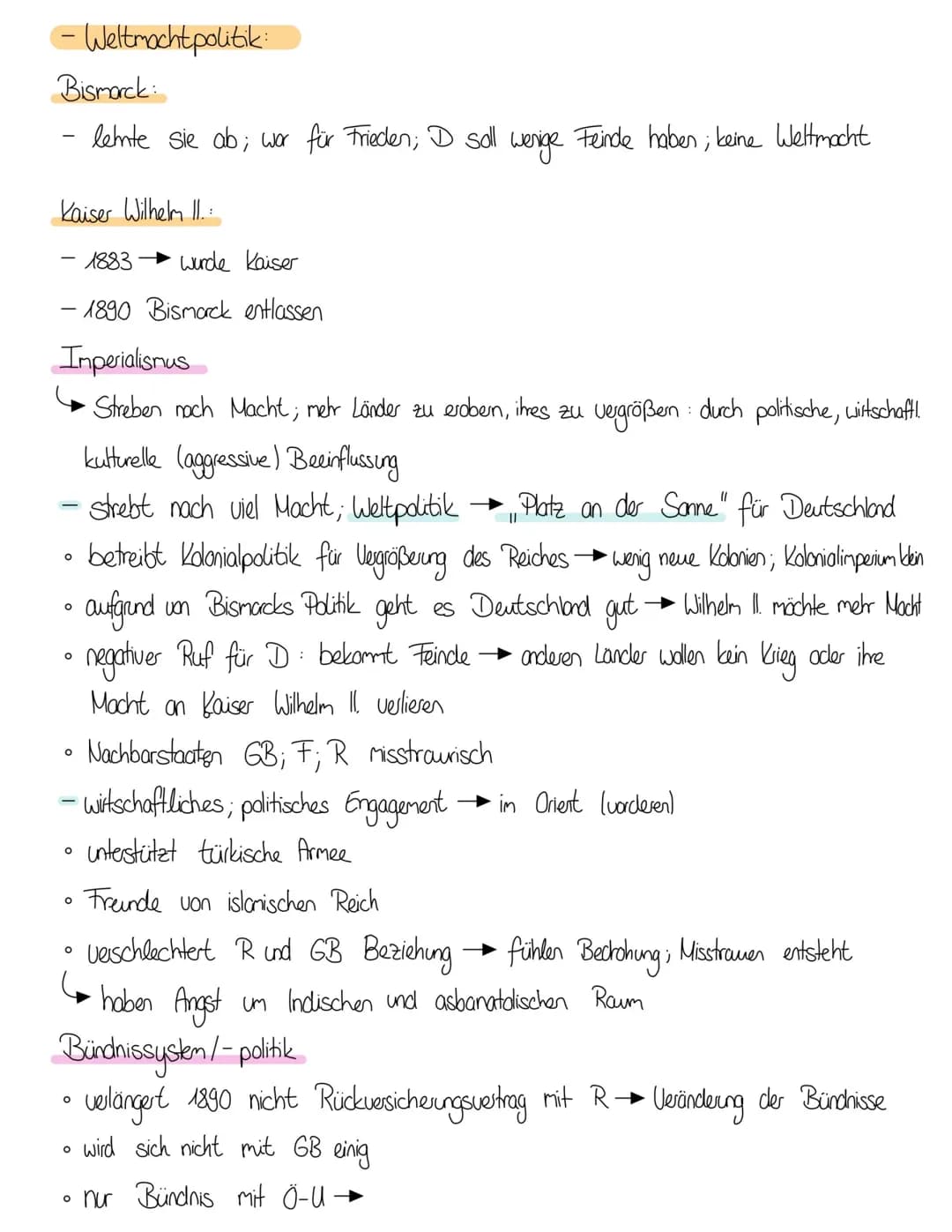 # Geschichte-Lernzettel
- Außenpolitik des deutschen Kaiserreichs
- S. 312 M4
- Weltpolitik
- S. 307-310
- Unterschied Politis Bismar