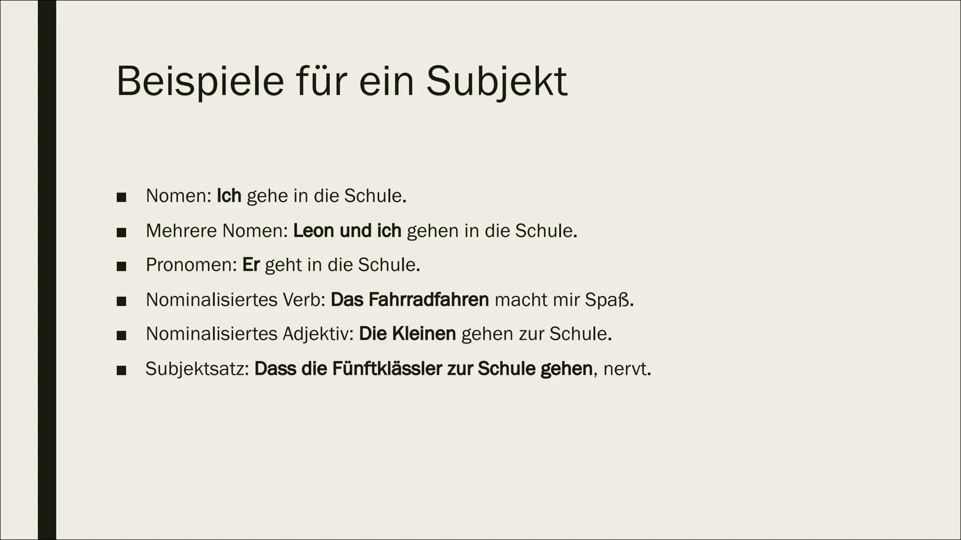 SATZGLIEDER # Inhalt
- Subjekt
- Prädikat
- Objekt
- Adverbiale Bestimmung
- Attribut # Subjekt
- Sagt aus wer oder was etwas tut
- Ist e