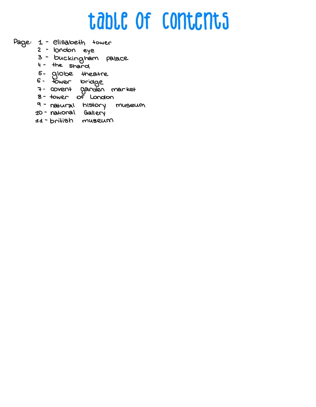 London sights # table of contents
Page: 1- elisabeth tower
2 - london eye
3 - buckingham palace
4- the shard
5- globe theatre
6- tower brid