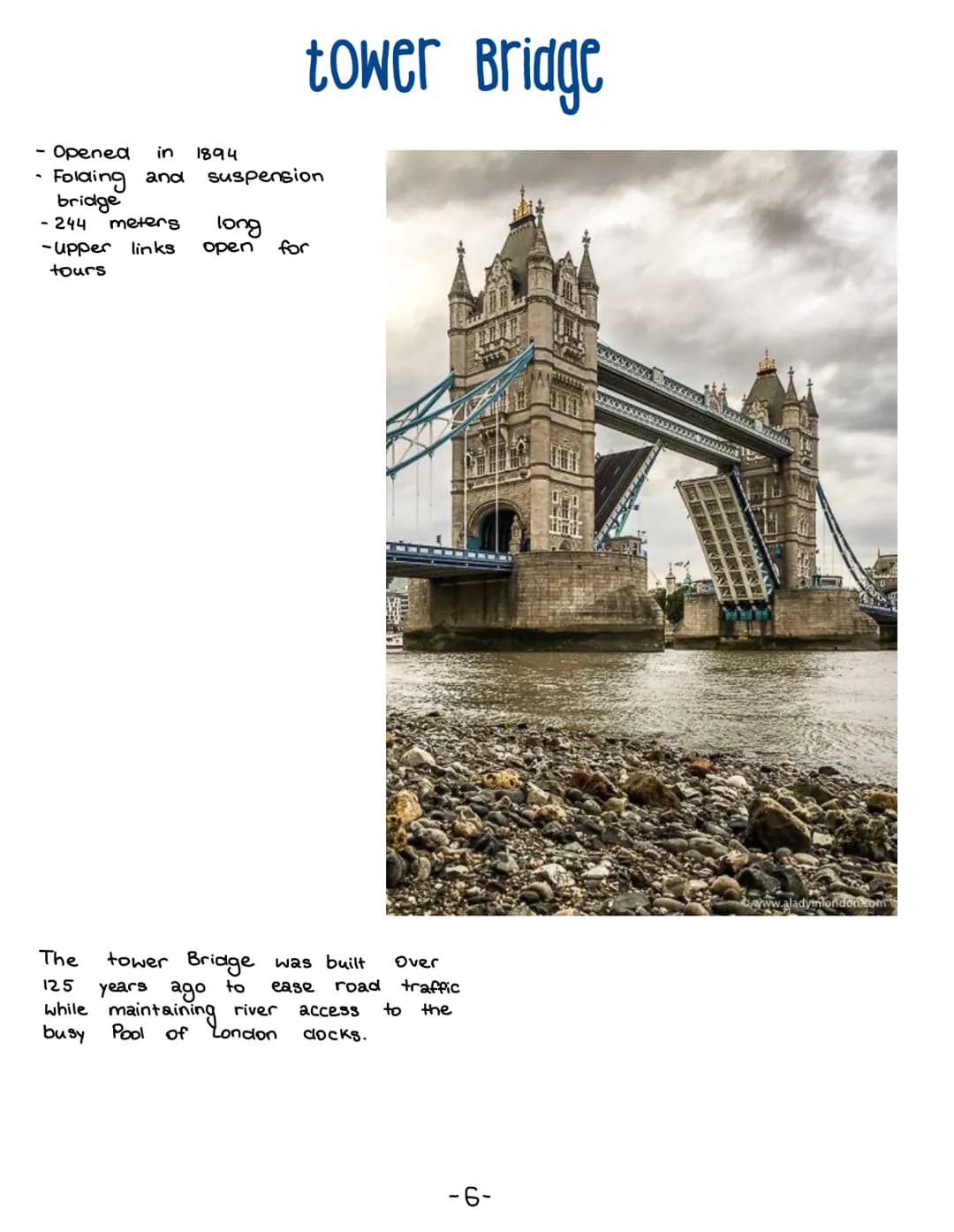 London sights # table of contents
Page: 1- elisabeth tower
2 - london eye
3 - buckingham palace
4- the shard
5- globe theatre
6- tower brid