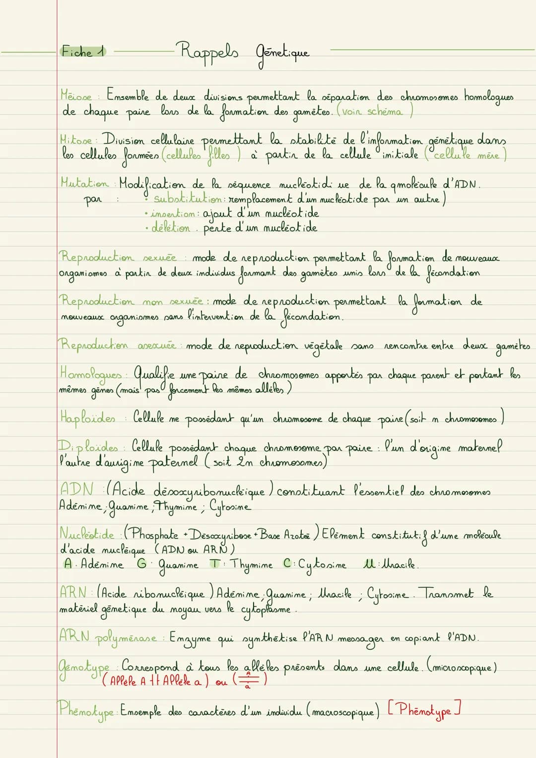 Fiche 1
-Rappels Genetique.
Meiose Ensemble de deux divisions permettant la séparation des chromosomes homologues.
de chaque paire lors de