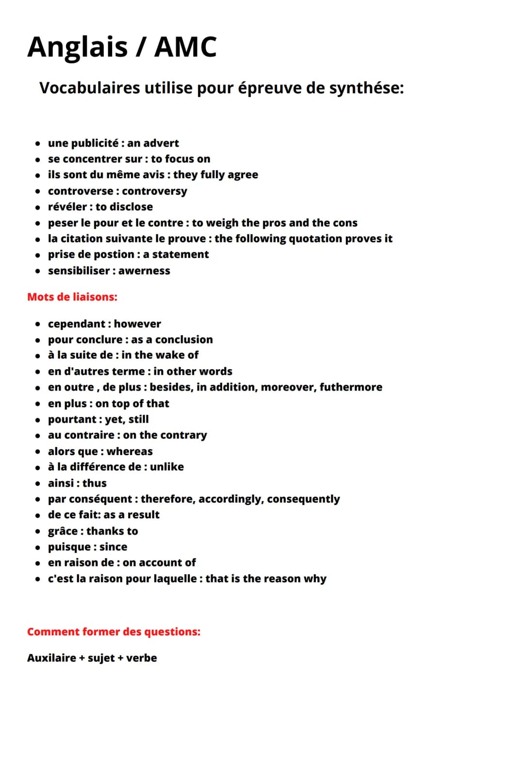 # Anglais / AMC
Vocabulaires utilise pour épreuve de synthése:
* une publicité : an advert
* se concentrer sur : to focus on
* ils s