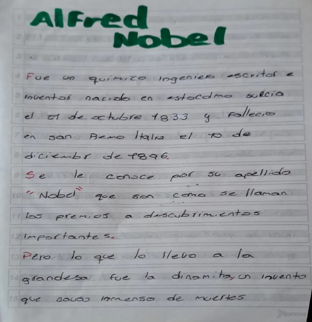Alfred
Nobel
Fue un quimico Ingeniero escritor e
inventor naciolo en estocdmo sulcia
el 01 de octubre 1833 y Fallecio
en san Remo Italia el