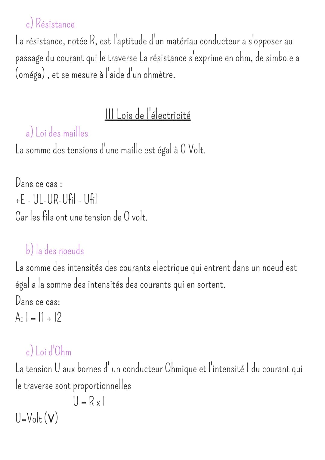 # Lois de I électricité
| Circuit électrique
a) Définition
Un circuit électrique est composé d'au moin un générateur un récépteur (lampe)
