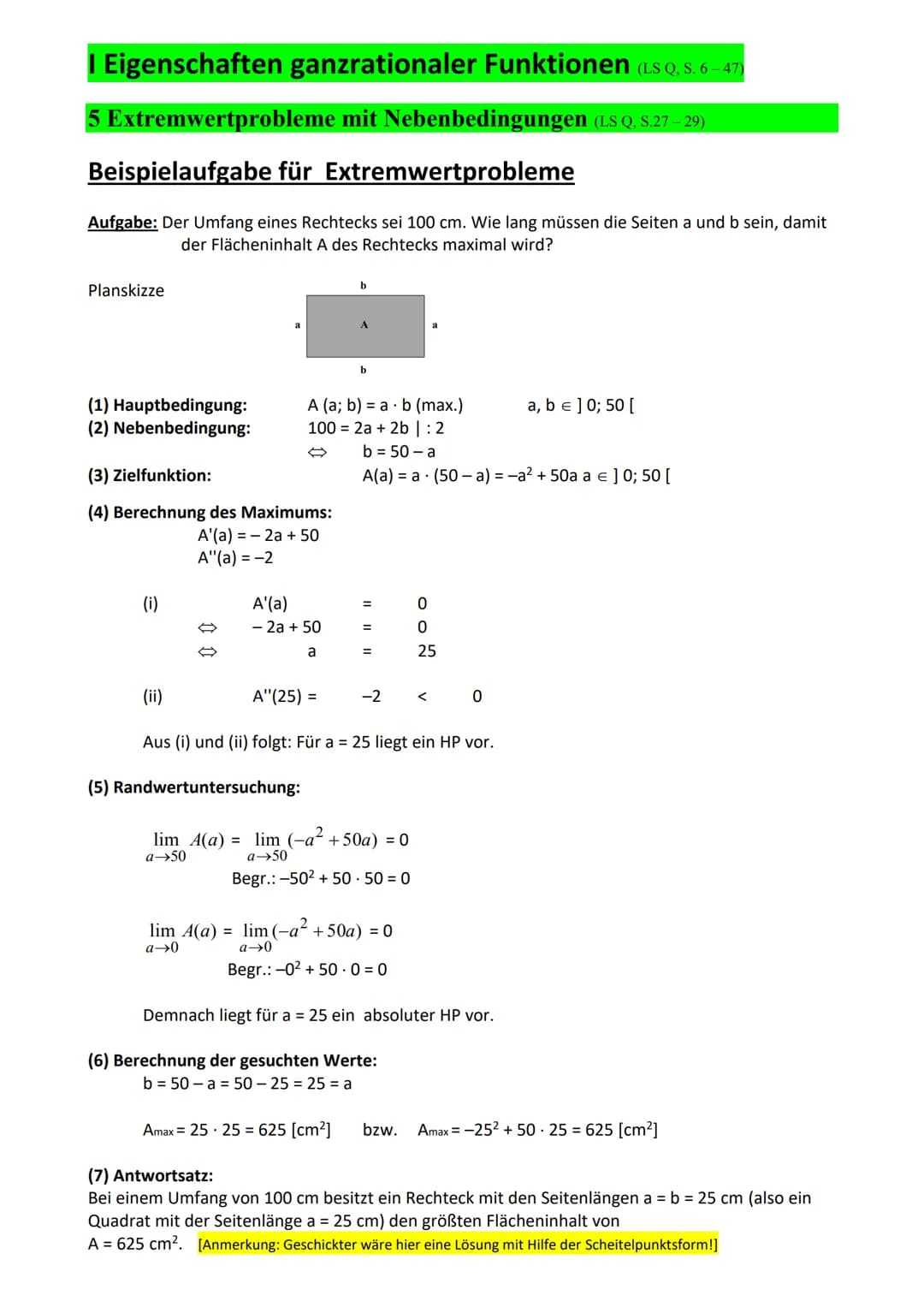 # Extremwertprobleme
1. Hauptbedingung aufstellen und Definitionsbereich angeben, zusätzlich angeben, ob ein Maximum oder Minimum gesucht w