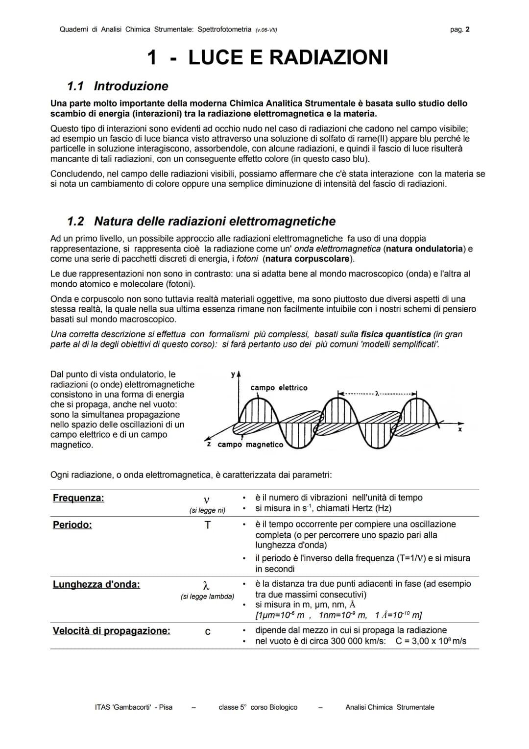 Quaderni di Analisi Chimica Strumentale: Spettrofotometria (v.06-VII)
pag. 3
La frequenza è una grandezza costante per ogni radiazione e ne
