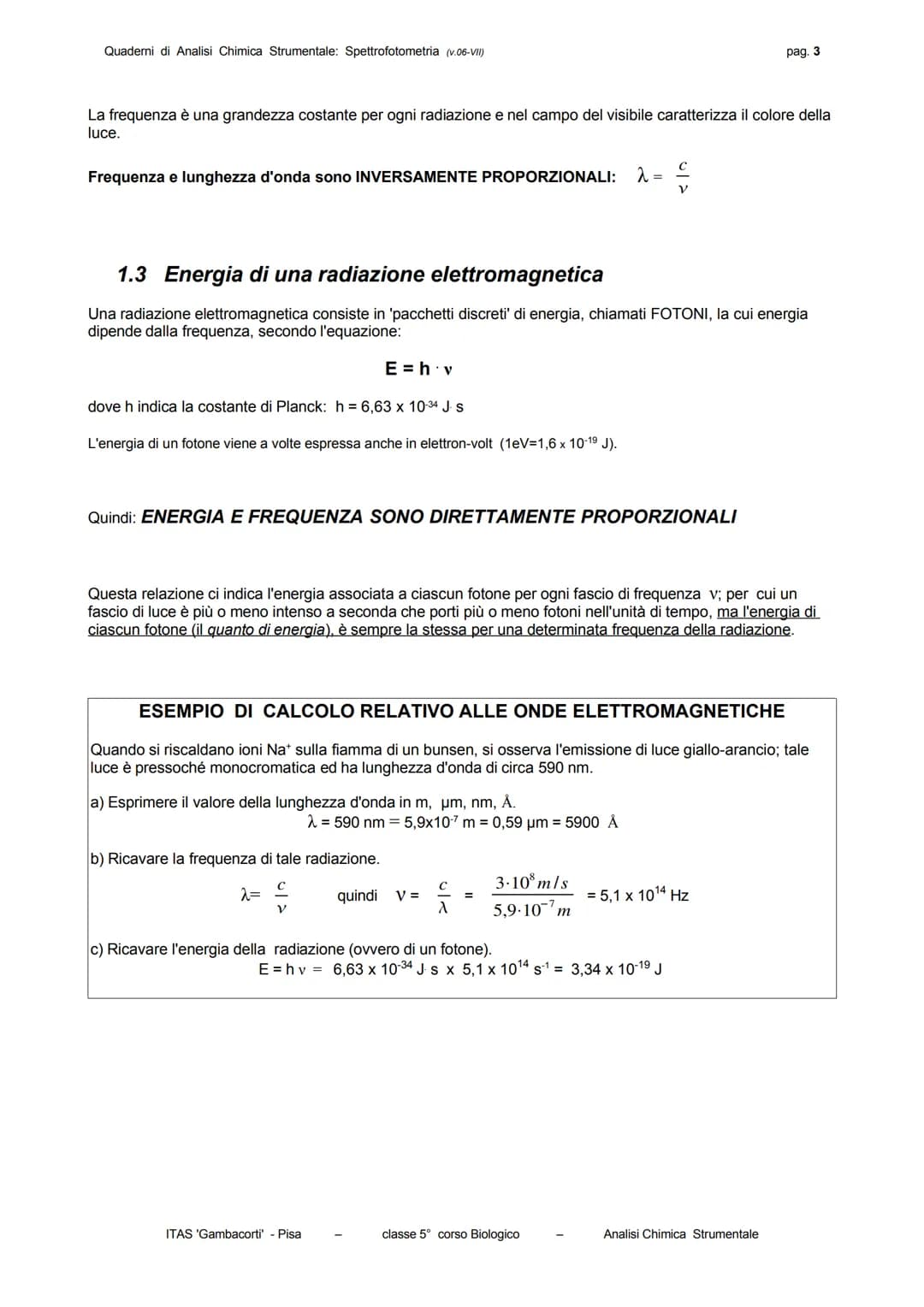 Quaderni di Analisi Chimica Strumentale: Spettrofotometria (v.06-VII)
pag. 3
La frequenza è una grandezza costante per ogni radiazione e ne