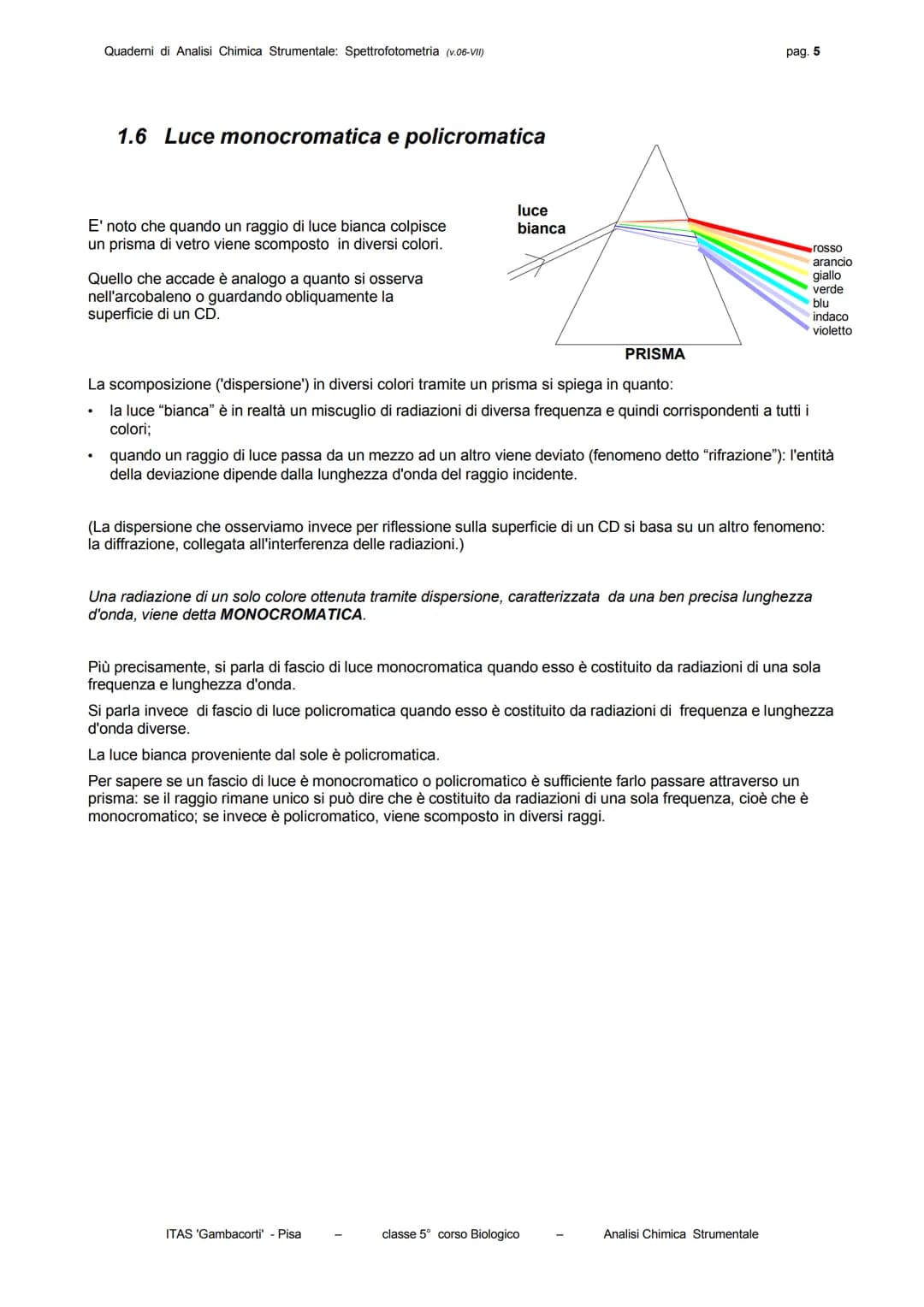 Quaderni di Analisi Chimica Strumentale: Spettrofotometria (v.06-VII)
pag. 3
La frequenza è una grandezza costante per ogni radiazione e ne