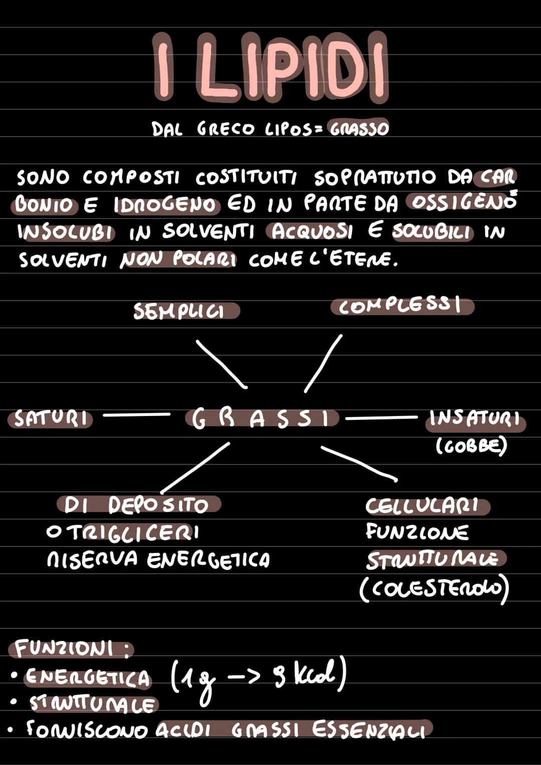 # I LIPIDI
DAL GRECO LIPOS= GRASSO
SONO COMPOSTI COSTITUITI SOPRATTUTIO DA CAR
BONIO E IDROGENO ED IN PARTE DA OSSIGENO
INSOLUBI IN SOLVEN