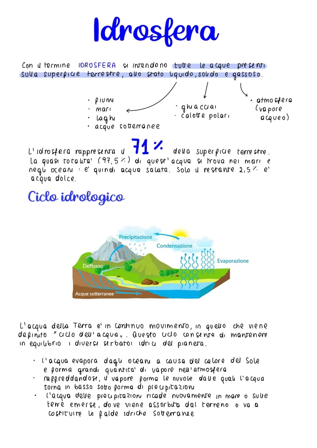 # Idrosfera
Con u termine IDROSFERA SI intendono tutte le acque presenti
sulla superficie terrestre, allo stato liquido, soludo e gassoso.