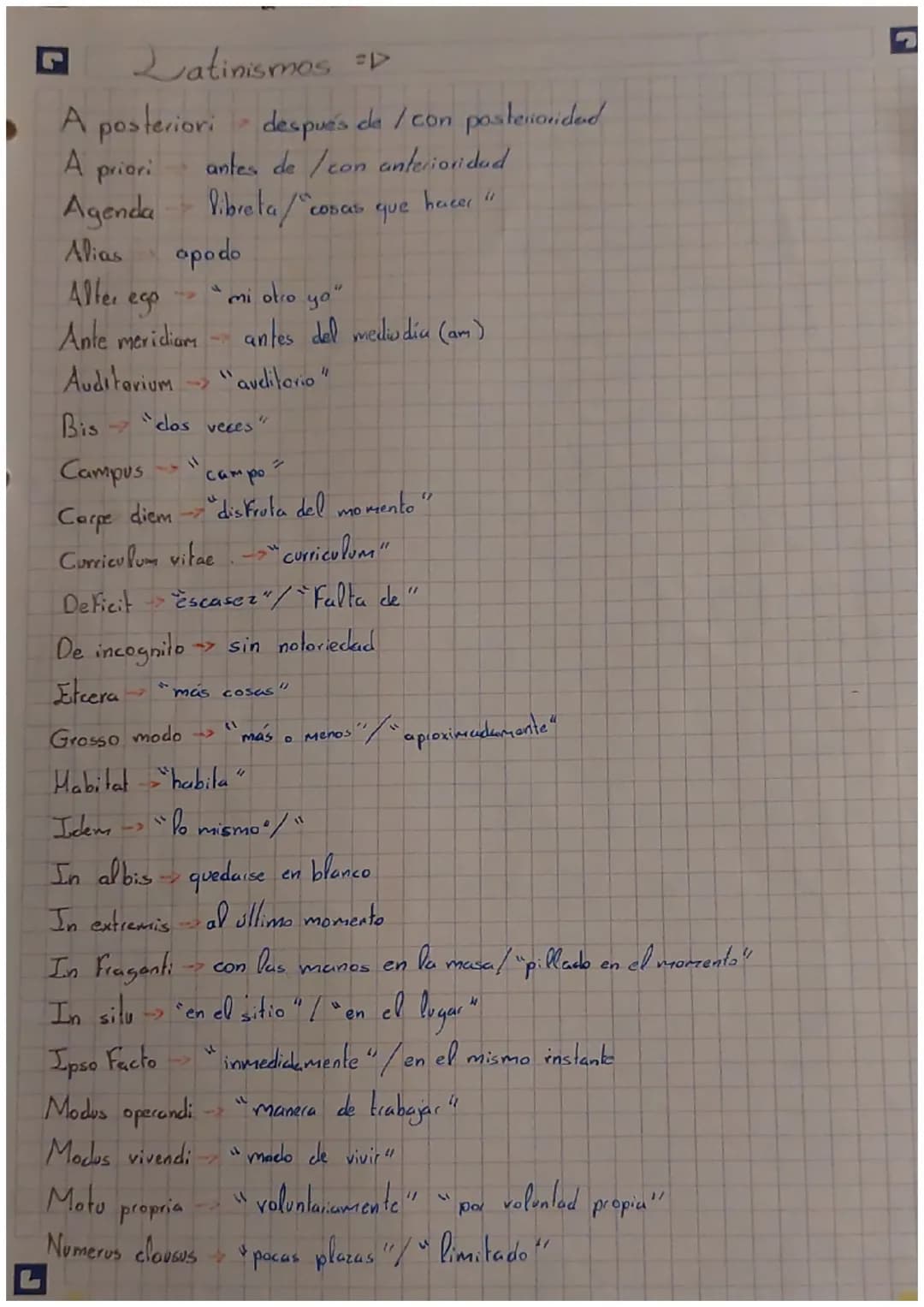 Latinismos =>
A posteriori después de / con posteriorided
A priori antes de/con anterioridad
Agenda Pibreta "cosas que hacer"
Alias opod
