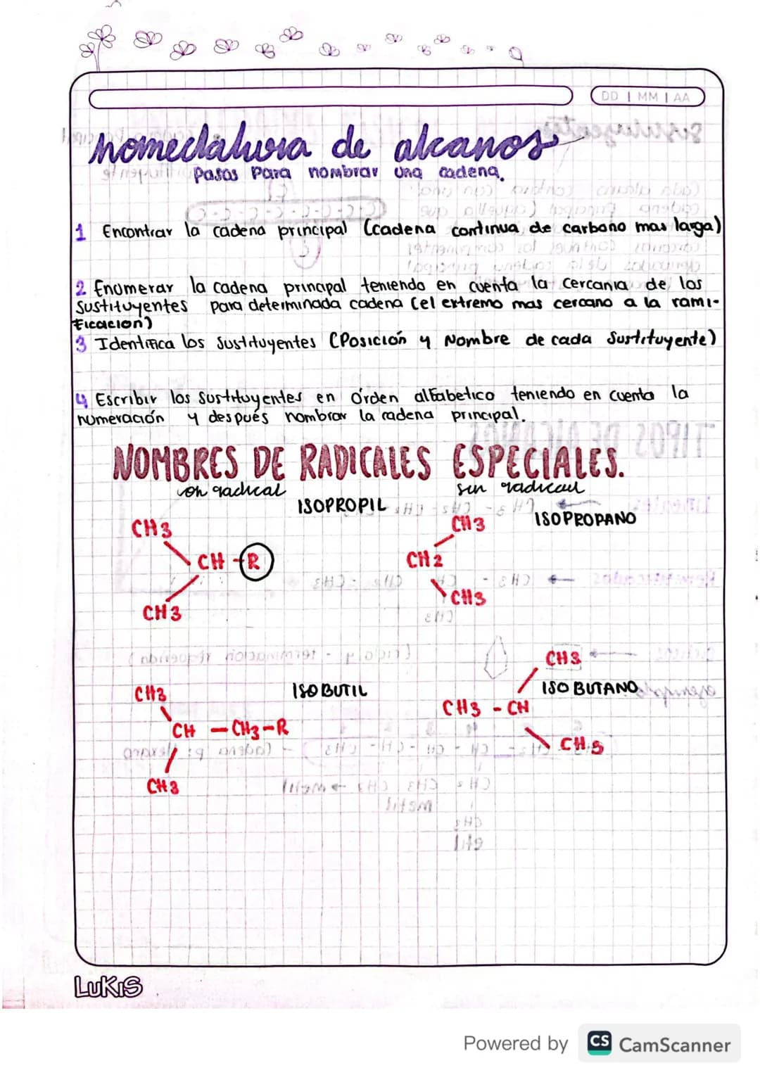 # homeclatura de alcanos
sapapasas Para nombrar una cadena,
DD MMAA
1 Encontrar la cadena principal (cadena continua de carbono mas larga
