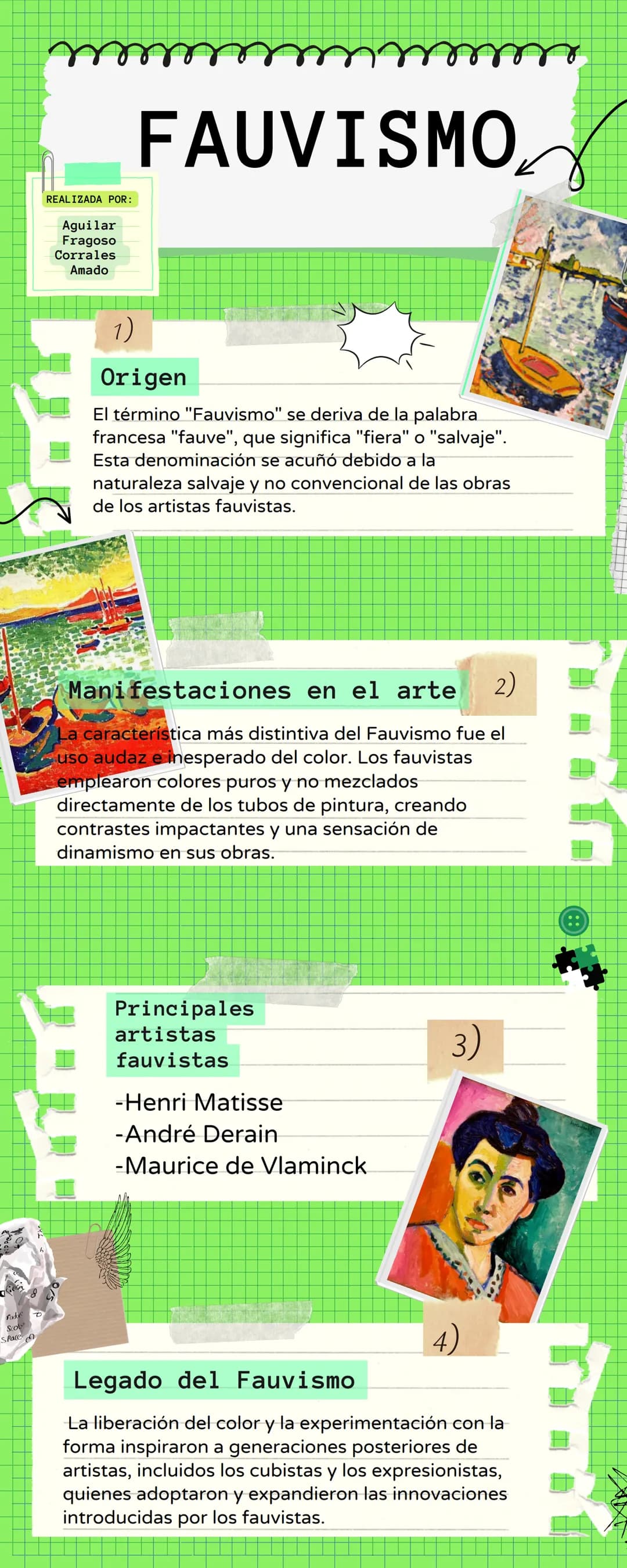 REALIZADA POR:
Aguilar
Fragoso
Corrales
Amado
# FAUVISMO
1)
## Origen
El término "Fauvismo" se deriva de la palabra.
francesa "fauve", que