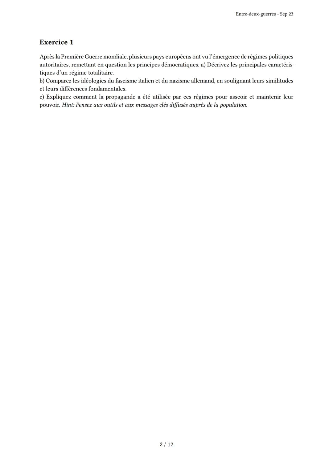 # Entre-deux-guerres
Généré par Knowunity.fr - Sep 23
Description: Cet examen couvre l'Entre-deux-guerres, les démocraties fragilisées et